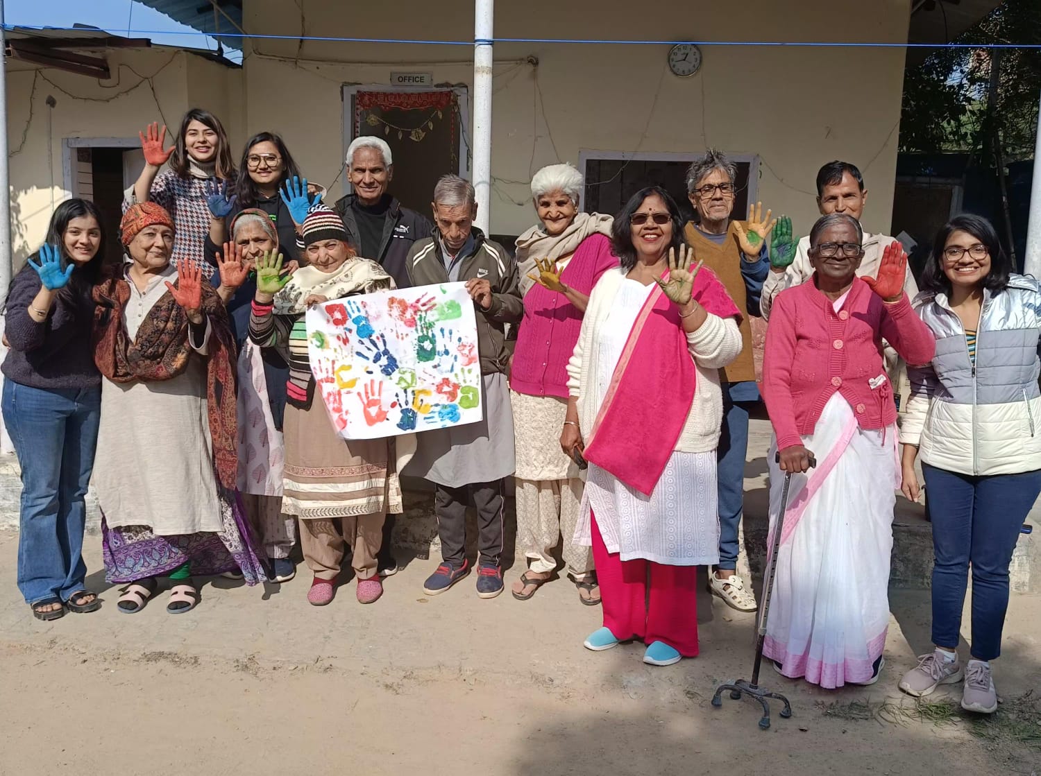 ngo workers with elder people at an elderly care home in delhi
